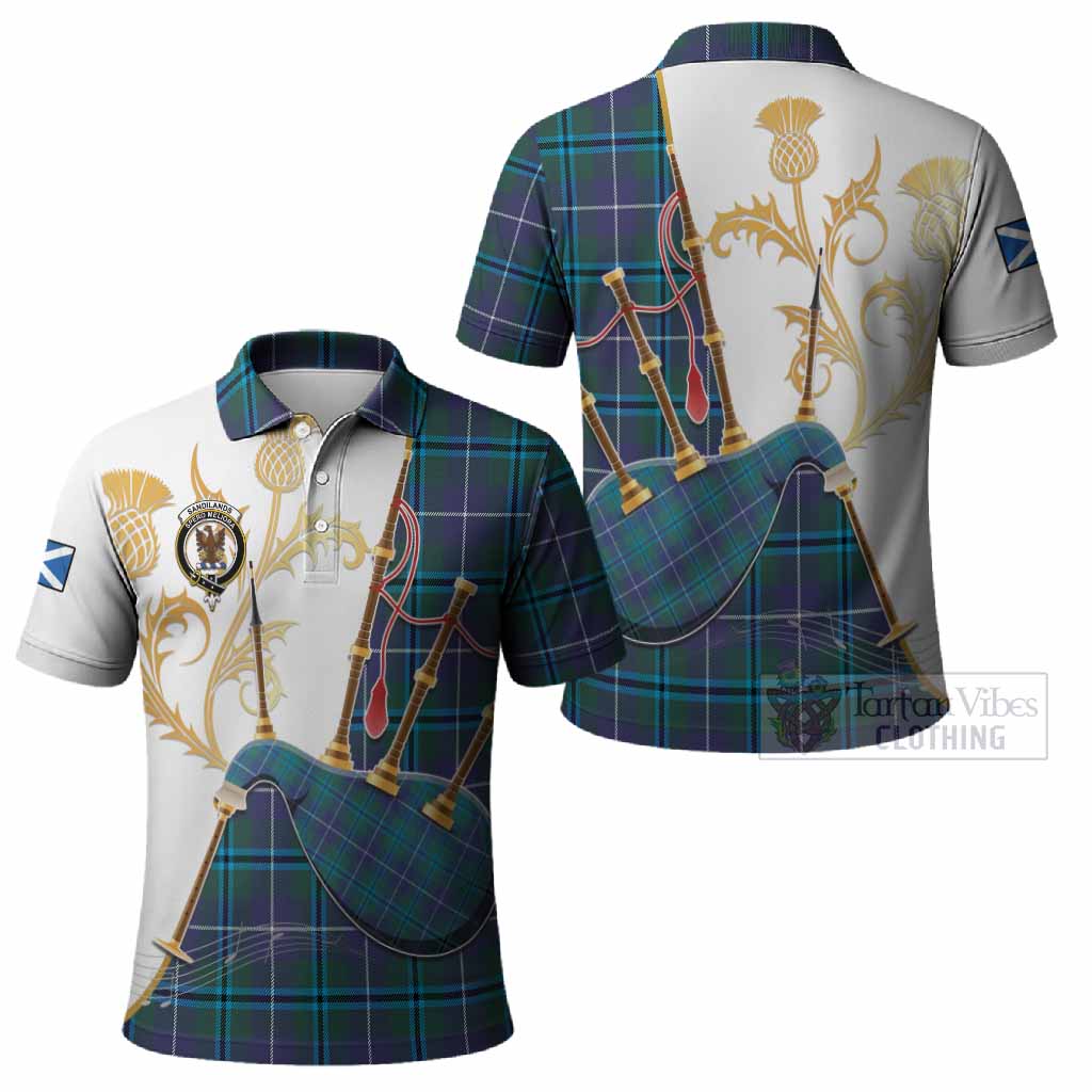 Sandilands Tartan Family Crest Polo Shirt Bagpipes with Scottish Thistle