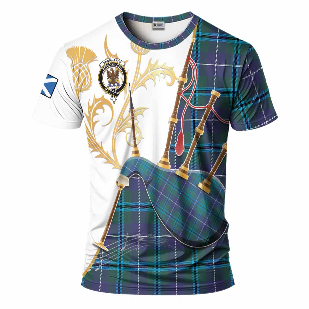 Sandilands Tartan Family Crest T-Shirt Bagpipes with Scottish Thistle
