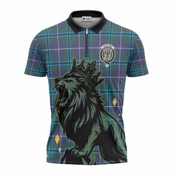 Sandilands Tartan Family Crest Zipper Polo Shirt Crowned Lion Roaring