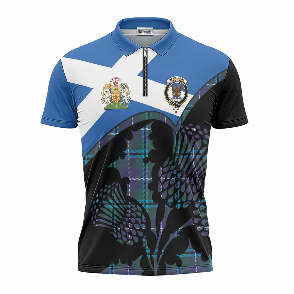 Sandilands Tartan Family Crest Zipper Polo Shirt Scotland Thistle Floral Flag Style