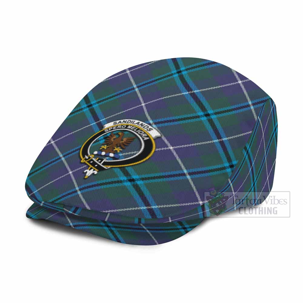 Sandilands Tartan Flat Cap, Jeff Cap Cross Style with Family Crest - Tartan Vibes Clothing