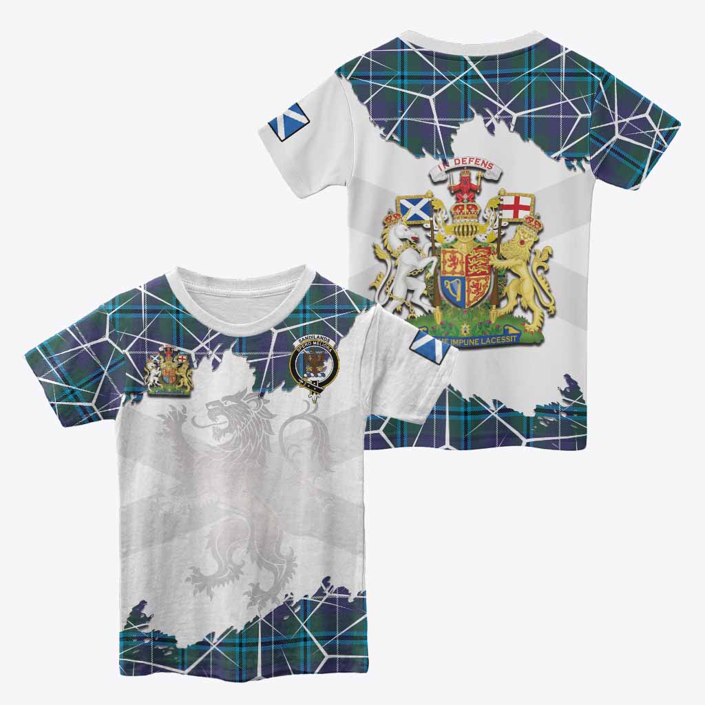 Sandilands Tartan Kid T-shirt with Family Crest and Lion Rampant Grunge Style