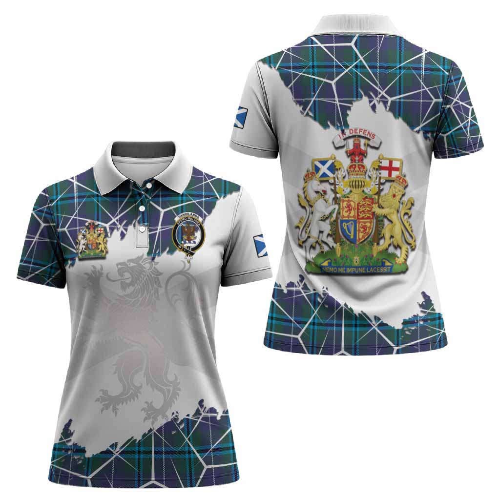 Sandilands Tartan Women Polo Shirt with Family Crest and Lion Rampant Grunge Style