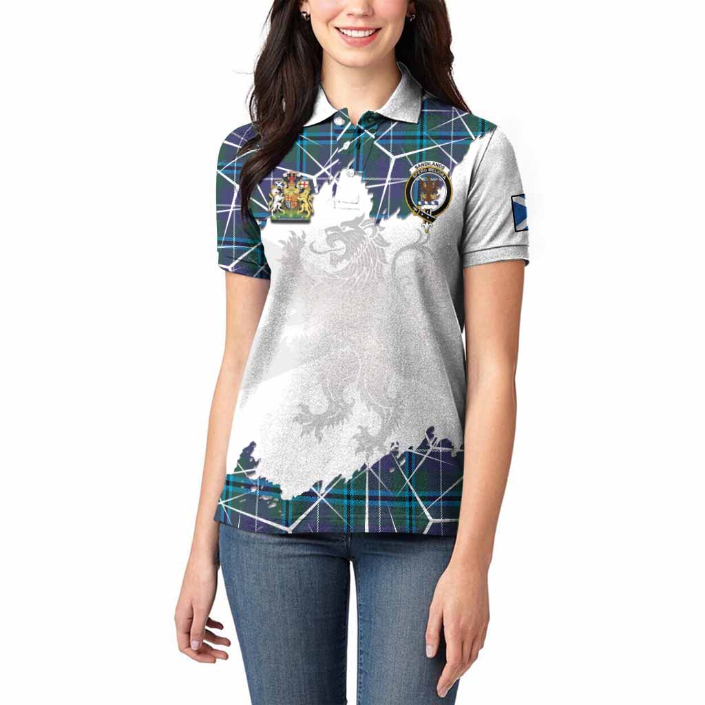 Sandilands Tartan Women Polo Shirt with Family Crest and Lion Rampant Grunge Style