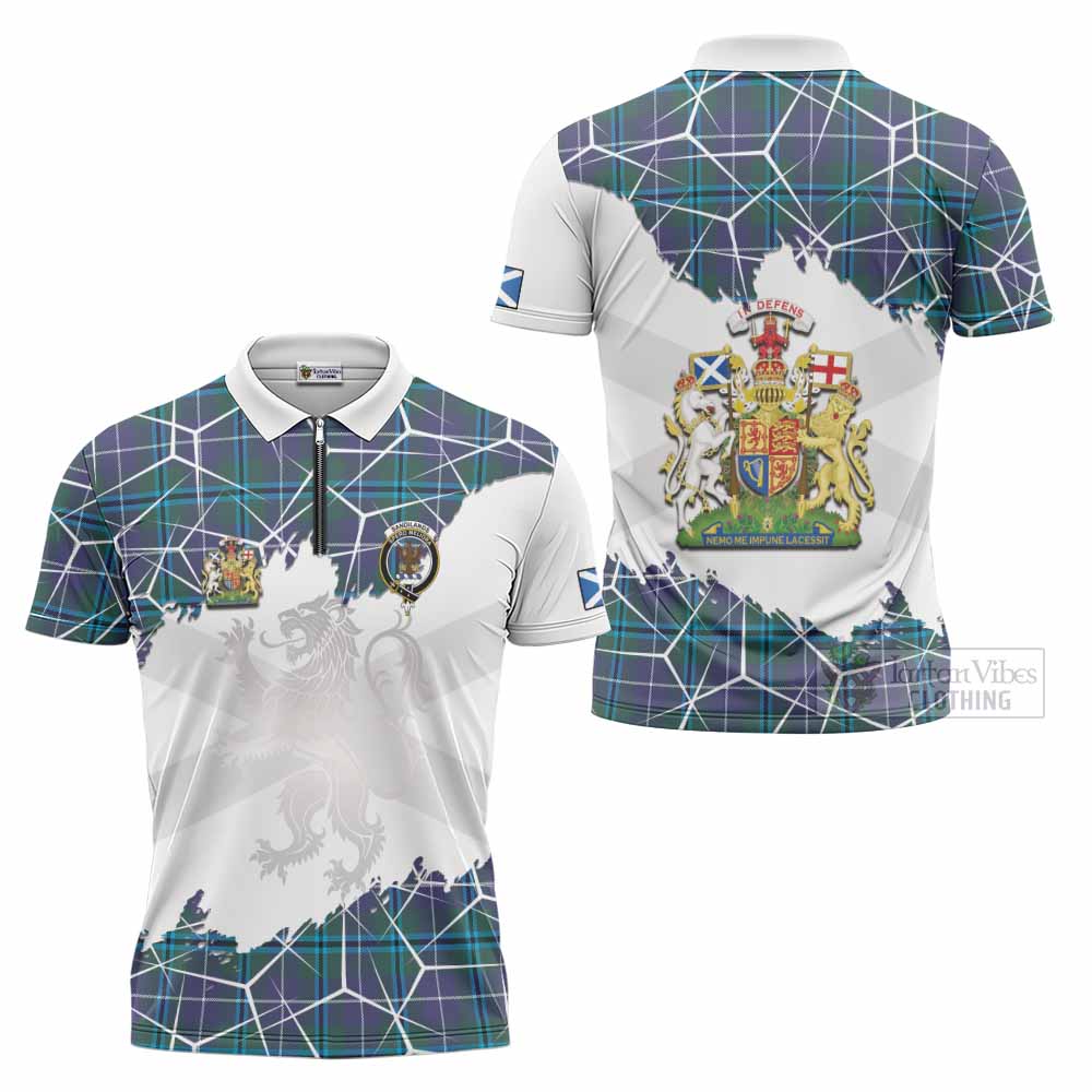 Sandilands Tartan Zipper Polo Shirt with Family Crest and Lion Rampant Grunge Style