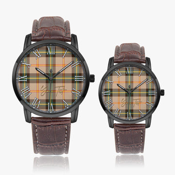 Saskatchewan Province Canada Tartan Personalized Your Text Leather Trap Quartz Watch Wide Type Black Case With Brown Leather Strap - Tartanvibesclothing