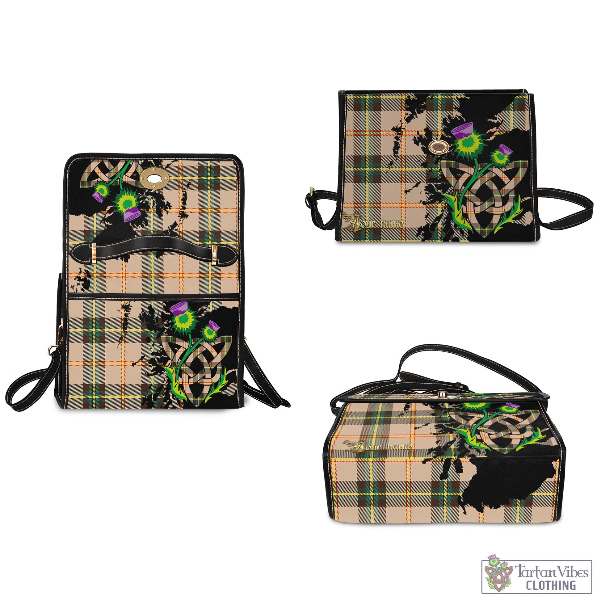 Tartan Vibes Clothing Saskatchewan Province Canada Tartan Waterproof Canvas Bag with Scotland Map and Thistle Celtic Accents