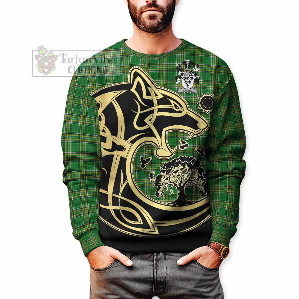 Tartan Vibes Clothing Savage Irish Tartan Sweatshirt with Coat of Arms Celtic Wolf Style