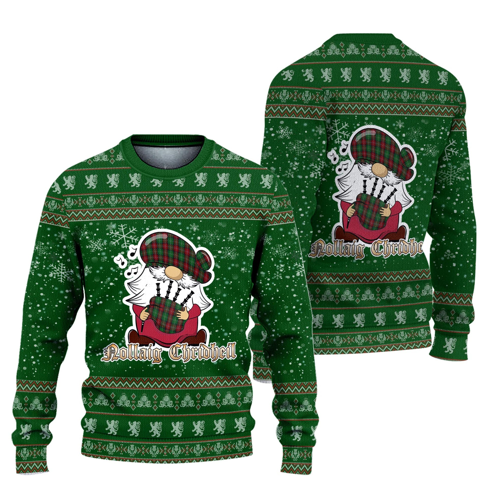 Sawyer Clan Christmas Family Knitted Sweater with Funny Gnome Playing Bagpipes Unisex Green - Tartanvibesclothing