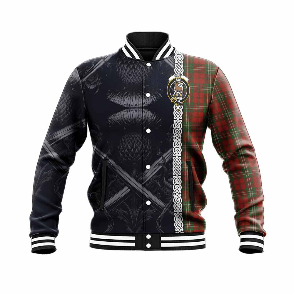 Tartan Vibes Clothing Scott Tartan Baseball Jacket with Family Crest Cross Sword Thistle Celtic Vibes