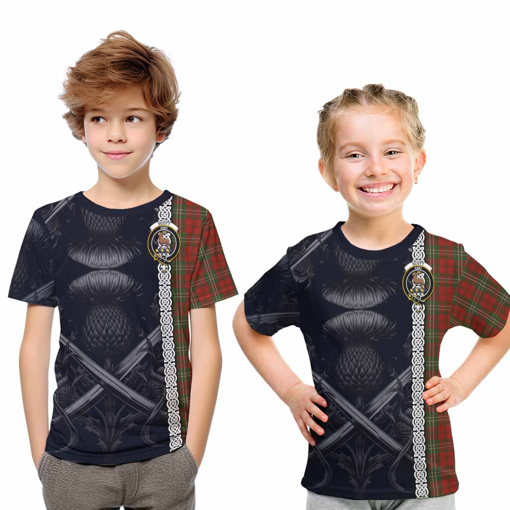 Tartan Vibes Clothing Scott Tartan Kid T-Shirt with Family Crest Cross Sword Thistle Celtic Vibes