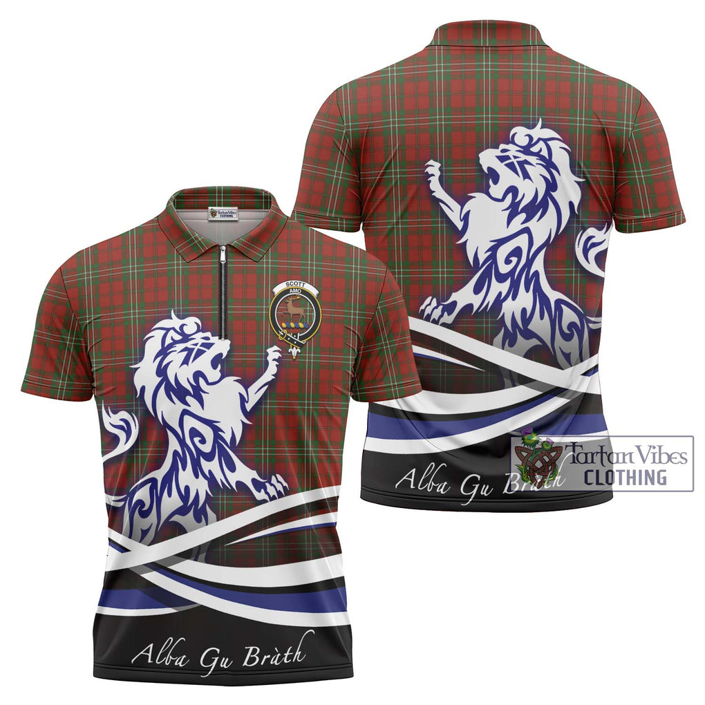 Scott Tartan Zipper Polo Shirt with Alba Gu Brath Regal Lion Emblem Unisex - Tartanvibesclothing Shop