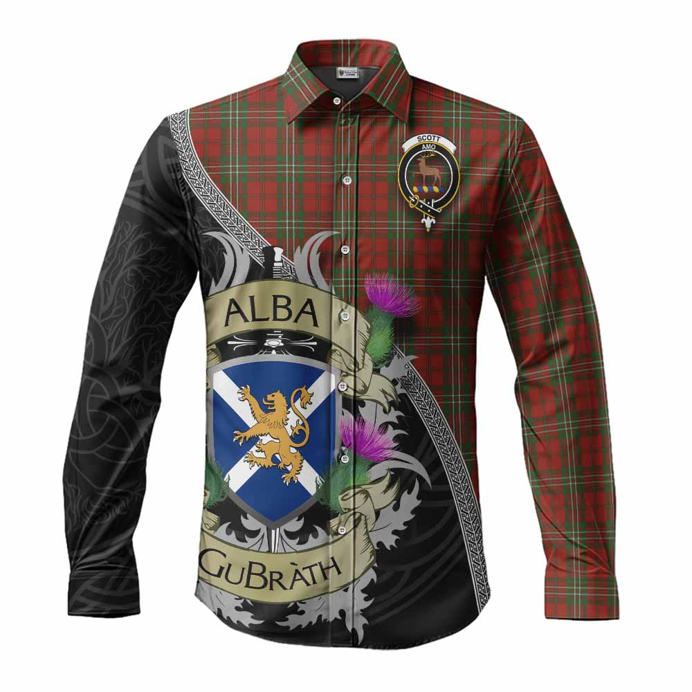 Tartan Vibes Clothing Scott Tartan Family Crest Long Sleeve Button Shirt Lion Rampant Royal Thistle Shield Celtic Inspired