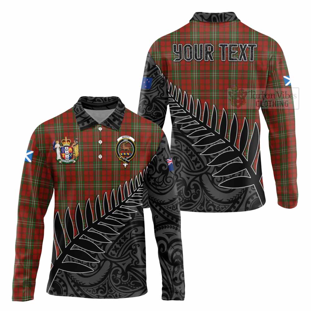 Tartan Vibes Clothing Scott Crest Tartan Long Sleeve Polo Shirt with New Zealand Silver Fern Half Style