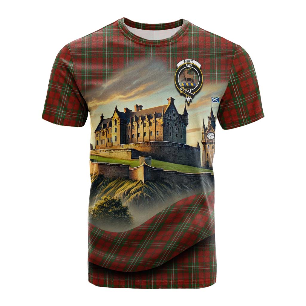 Tartan Vibes Clothing Scott Tartan Family Crest Cotton T-shirt with Scottish Ancient Castle Style