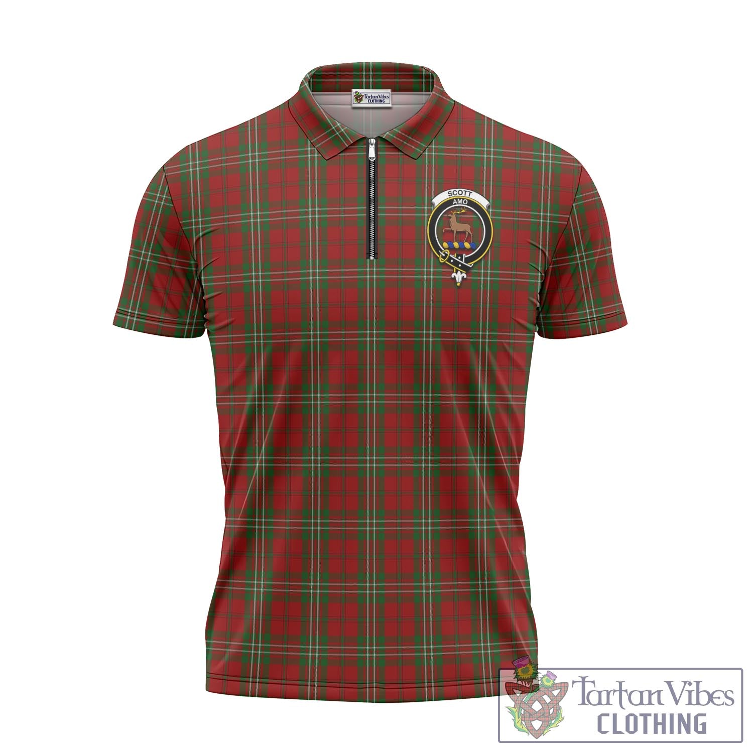 Tartan Vibes Clothing Scott Tartan Zipper Polo Shirt with Family Crest