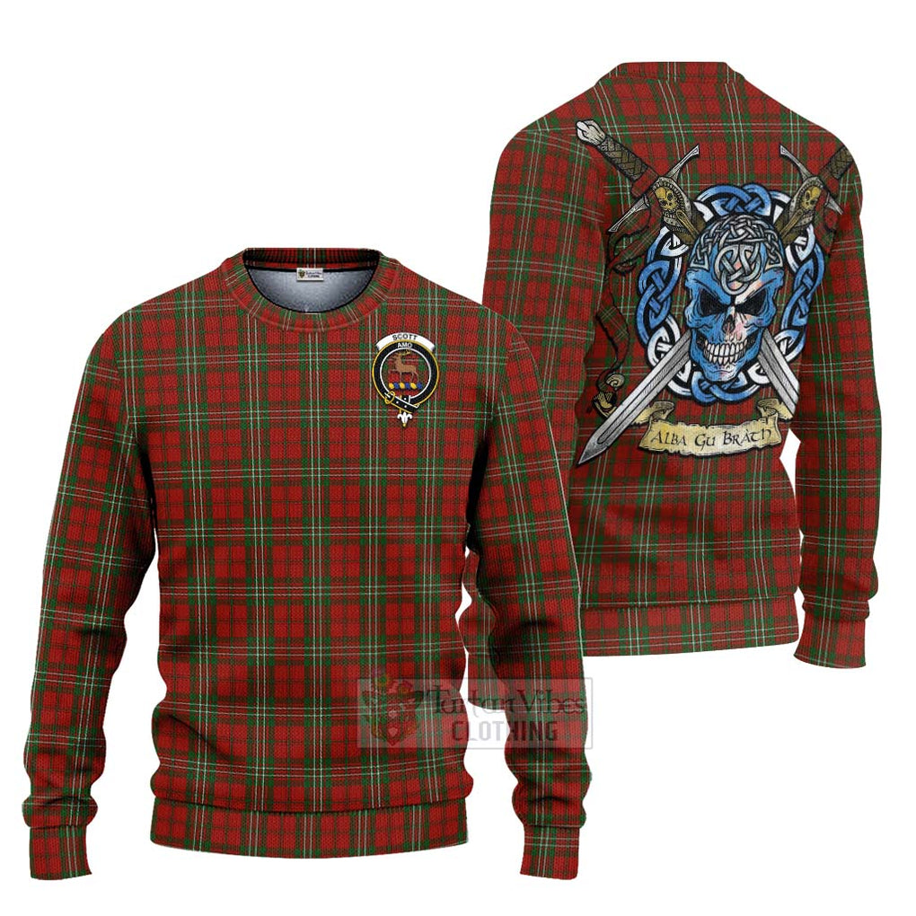 Tartan Vibes Clothing Scott Tartan Knitted Sweater with Family Crest Celtic Skull Style