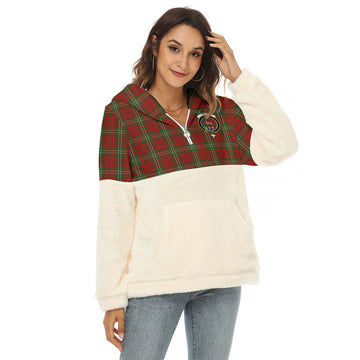 Scott Tartan Half Style Women's Borg Fleece Hoodie with Half Zip with Family Crest