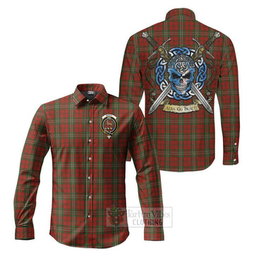 Tartan Vibes Clothing Scott Tartan Long Sleeve Button Shirt with Family Crest Celtic Skull Style