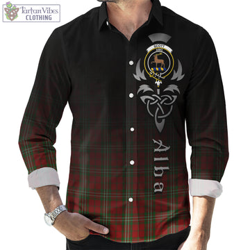 Scott Tartan Long Sleeve Button Up Featuring Alba Gu Brath Family Crest Celtic Inspired
