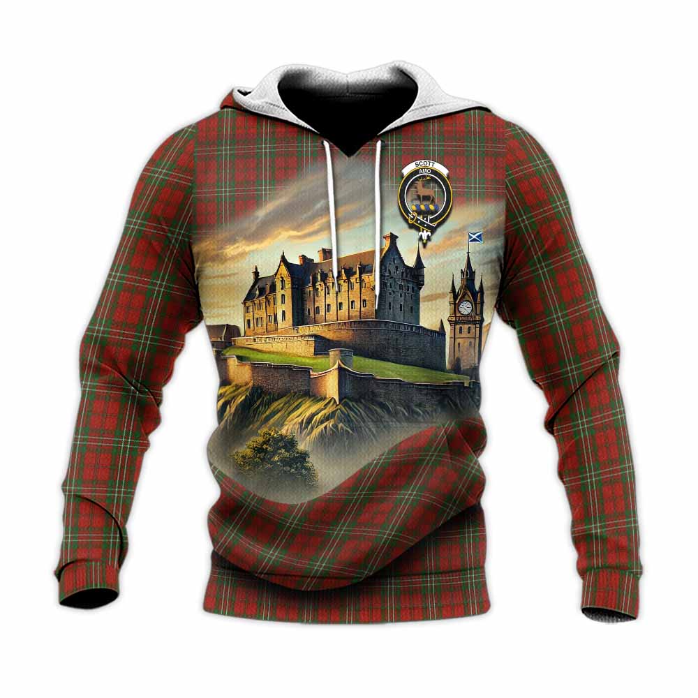 Tartan Vibes Clothing Scott Tartan Family Crest Knitted Hoodie with Scottish Ancient Castle Style