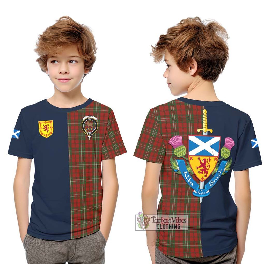 Tartan Vibes Clothing Scott Tartan Kid T-Shirt with Scottish Lion Royal Arm Half Style