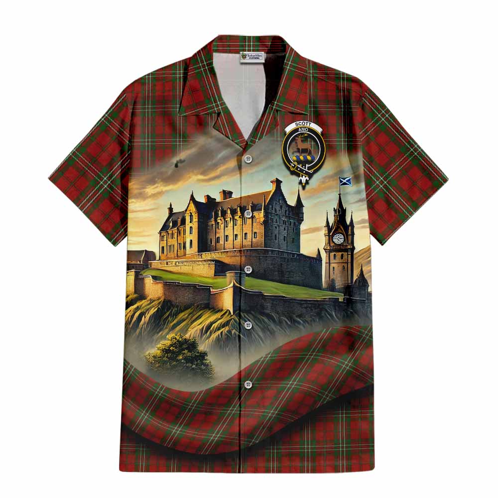 Tartan Vibes Clothing Scott Tartan Family Crest Short Sleeve Button Shirt with Scottish Ancient Castle Style