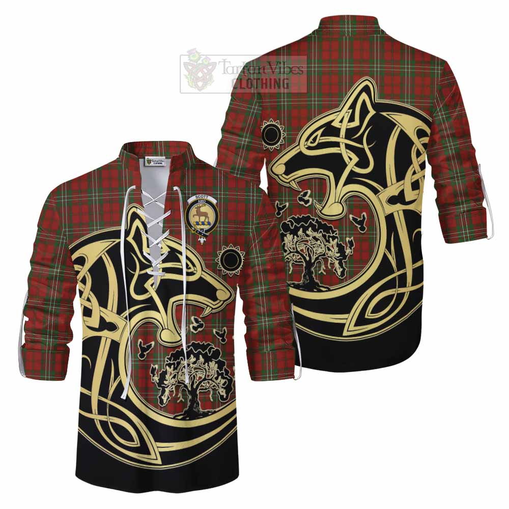 Tartan Vibes Clothing Scott Tartan Ghillie Kilt Shirt with Family Crest Celtic Wolf Style