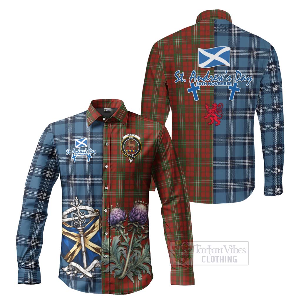 Tartan Vibes Clothing Scott Tartan Long Sleeve Button Shirt Happy St. Andrew's Day Half Tartan Style