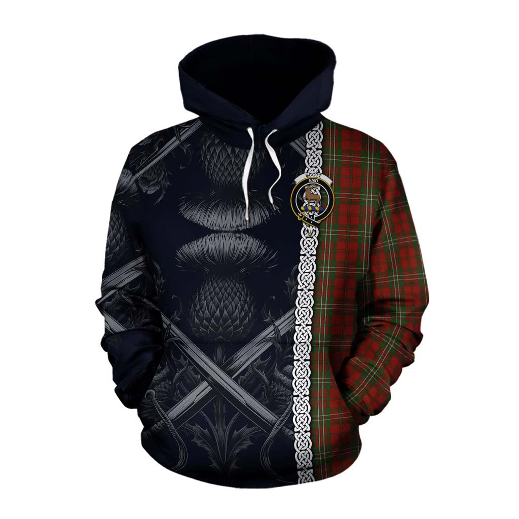 Tartan Vibes Clothing Scott Tartan Cotton Hoodie with Family Crest Cross Sword Thistle Celtic Vibes