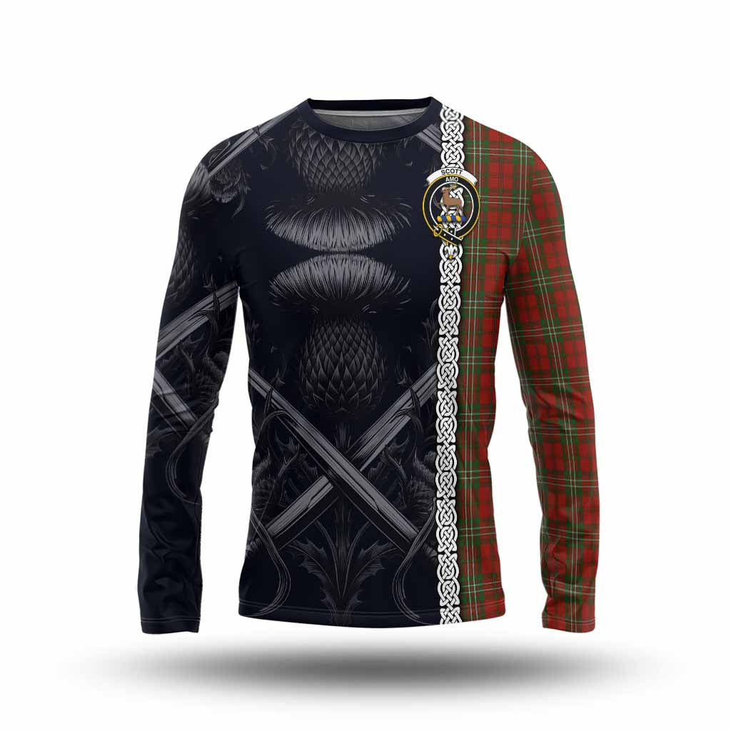 Tartan Vibes Clothing Scott Tartan Long Sleeve T-Shirt with Family Crest Cross Sword Thistle Celtic Vibes