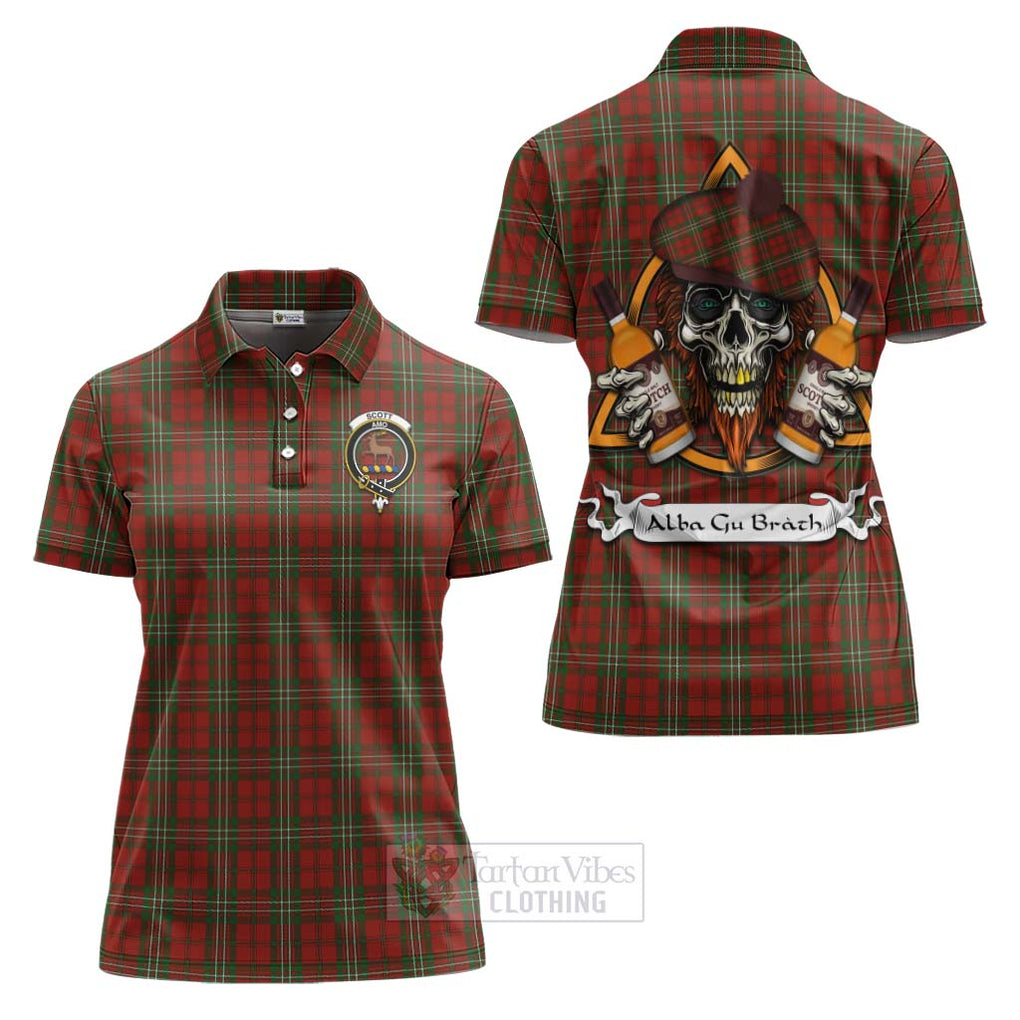 Tartan Vibes Clothing Scott Tartan Women's Polo Shirt with Family Crest and Bearded Skull Holding Bottles of Whiskey
