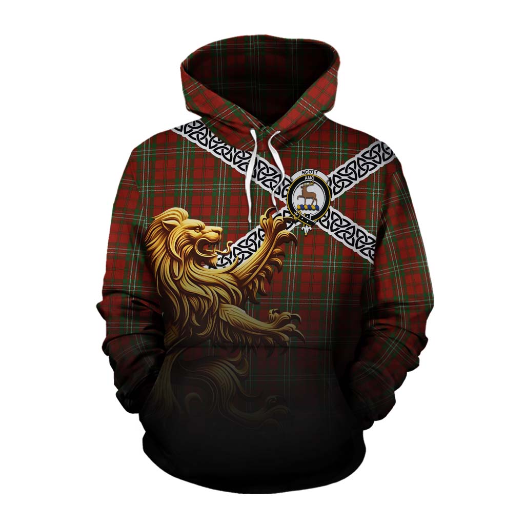 Tartan Vibes Clothing Scott Crest Tartan Cotton Hoodie with Golden Lion Emblem Celtic Style