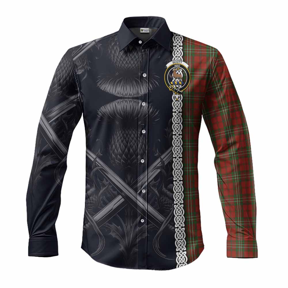 Tartan Vibes Clothing Scott Tartan Long Sleeve Button Shirt with Family Crest Cross Sword Thistle Celtic Vibes