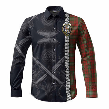 Scott Tartan Long Sleeve Button Shirt with Family Crest Cross Sword Thistle Celtic Vibes