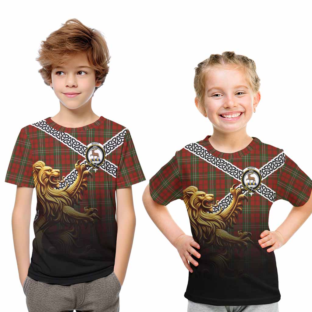 Tartan Vibes Clothing Scott Crest Tartan Kid T-Shirt with Golden Lion Emblem Celtic Style