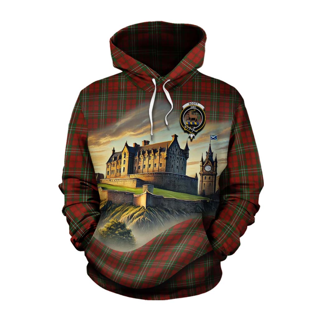 Tartan Vibes Clothing Scott Tartan Family Crest Cotton Hoodie with Scottish Ancient Castle Style