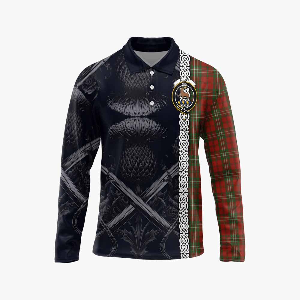 Tartan Vibes Clothing Scott Tartan Long Sleeve Polo Shirt with Family Crest Cross Sword Thistle Celtic Vibes