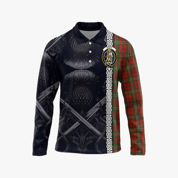 Tartan Vibes Clothing Scott Tartan Long Sleeve Polo Shirt with Family Crest Cross Sword Thistle Celtic Vibes