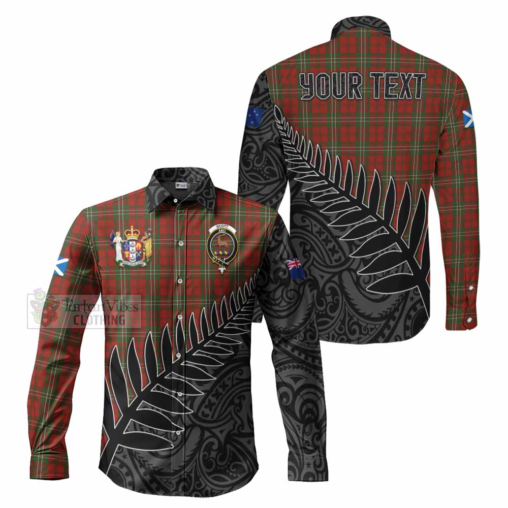Tartan Vibes Clothing Scott Crest Tartan Long Sleeve Button Shirt with New Zealand Silver Fern Half Style