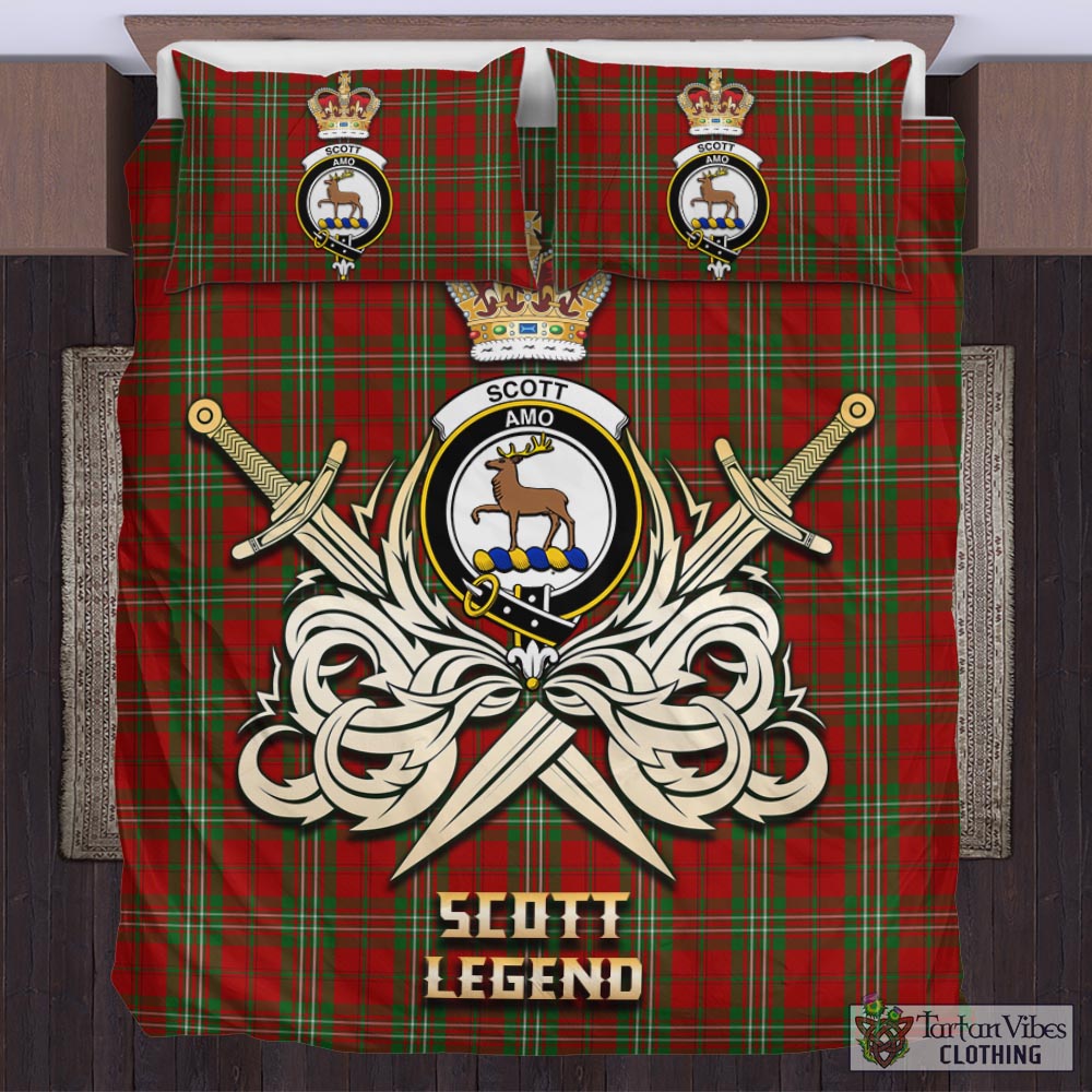 Tartan Vibes Clothing Scott Tartan Bedding Set with Clan Crest and the Golden Sword of Courageous Legacy