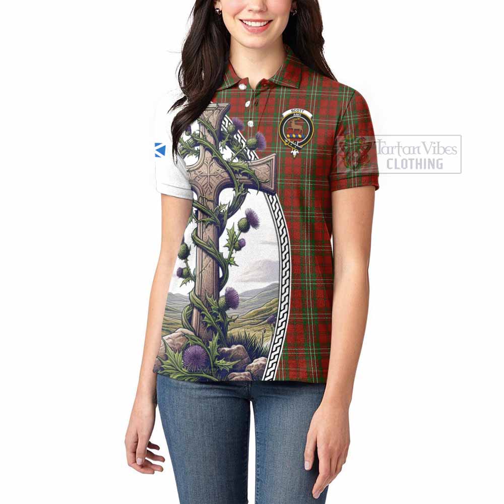 Tartan Vibes Clothing Scott Tartan Women's Polo Shirt with Family Crest and St. Andrew's Cross Accented by Thistle Vines
