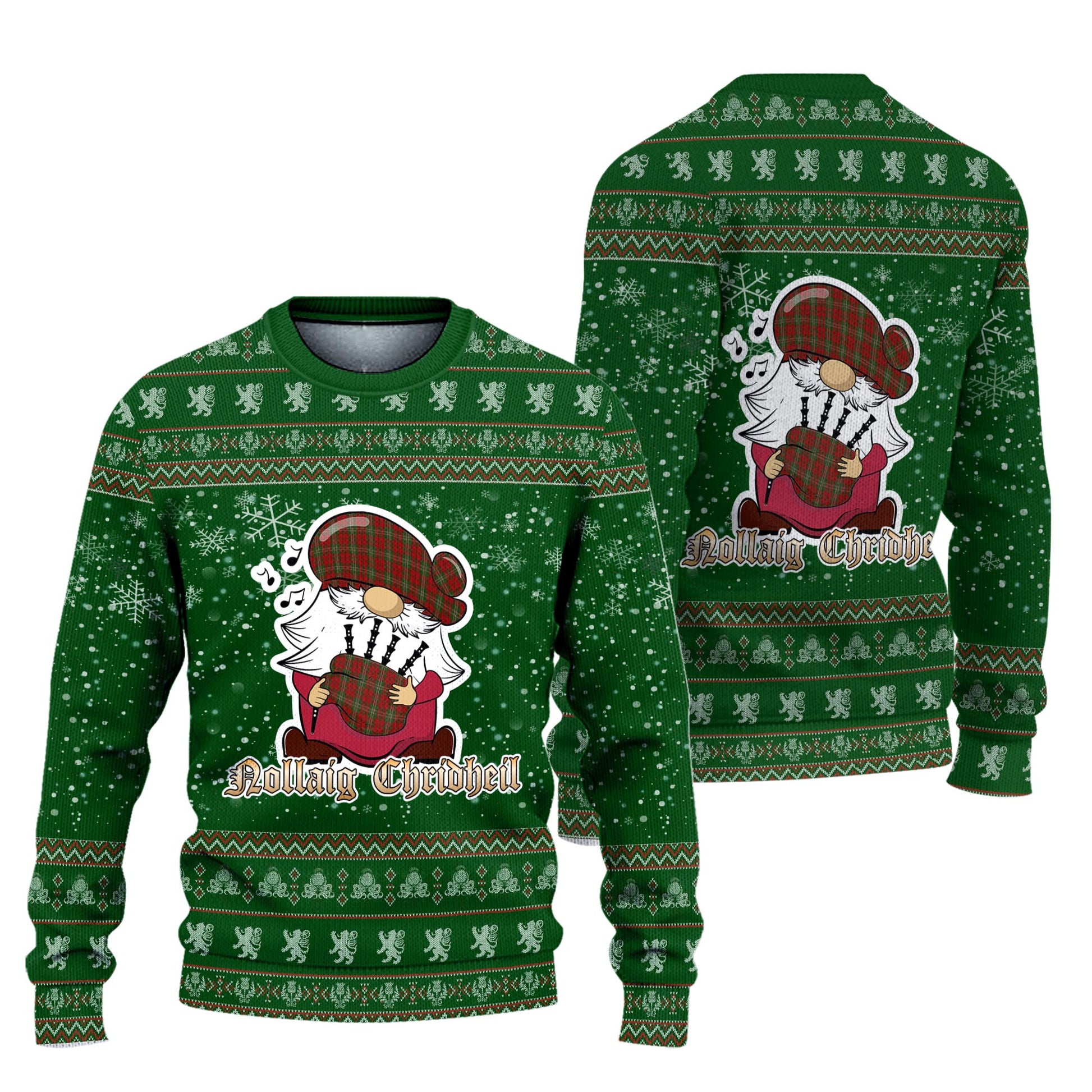 Scott Clan Christmas Family Knitted Sweater with Funny Gnome Playing Bagpipes Unisex Green - Tartanvibesclothing