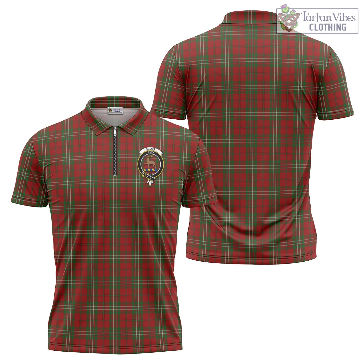 Tartan Vibes Clothing Scott Tartan Zipper Polo Shirt with Family Crest