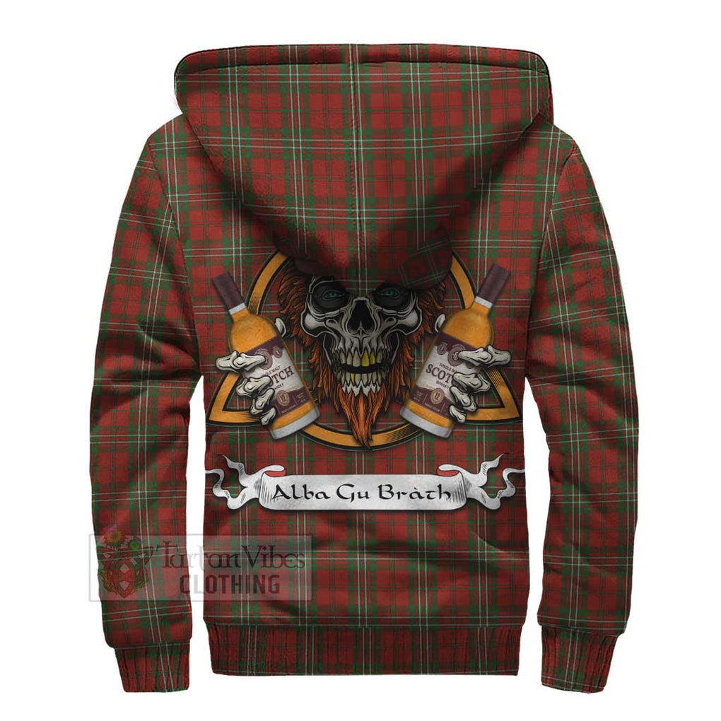 Tartan Vibes Clothing Scott Tartan Sherpa Hoodie with Family Crest and Bearded Skull Holding Bottles of Whiskey