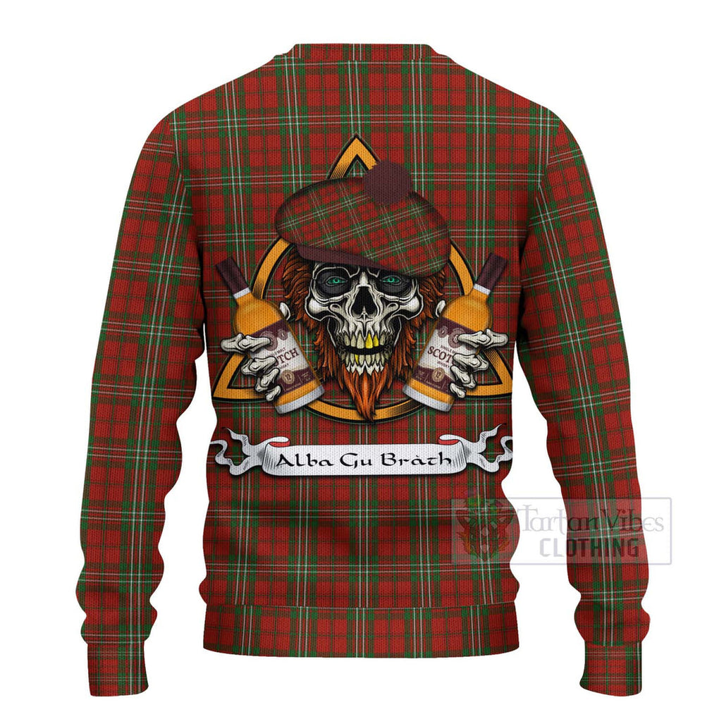 Tartan Vibes Clothing Scott Tartan Knitted Sweater with Family Crest and Bearded Skull Holding Bottles of Whiskey
