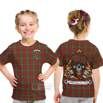 Scott Tartan Kid T-Shirt with Family Crest and Bearded Skull Holding Bottles of Whiskey