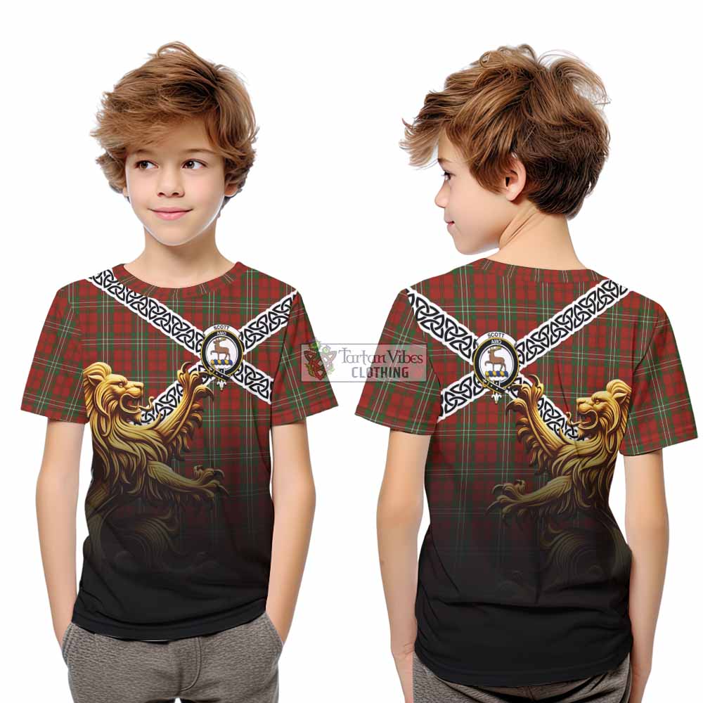 Tartan Vibes Clothing Scott Crest Tartan Kid T-Shirt with Golden Lion Emblem Celtic Style
