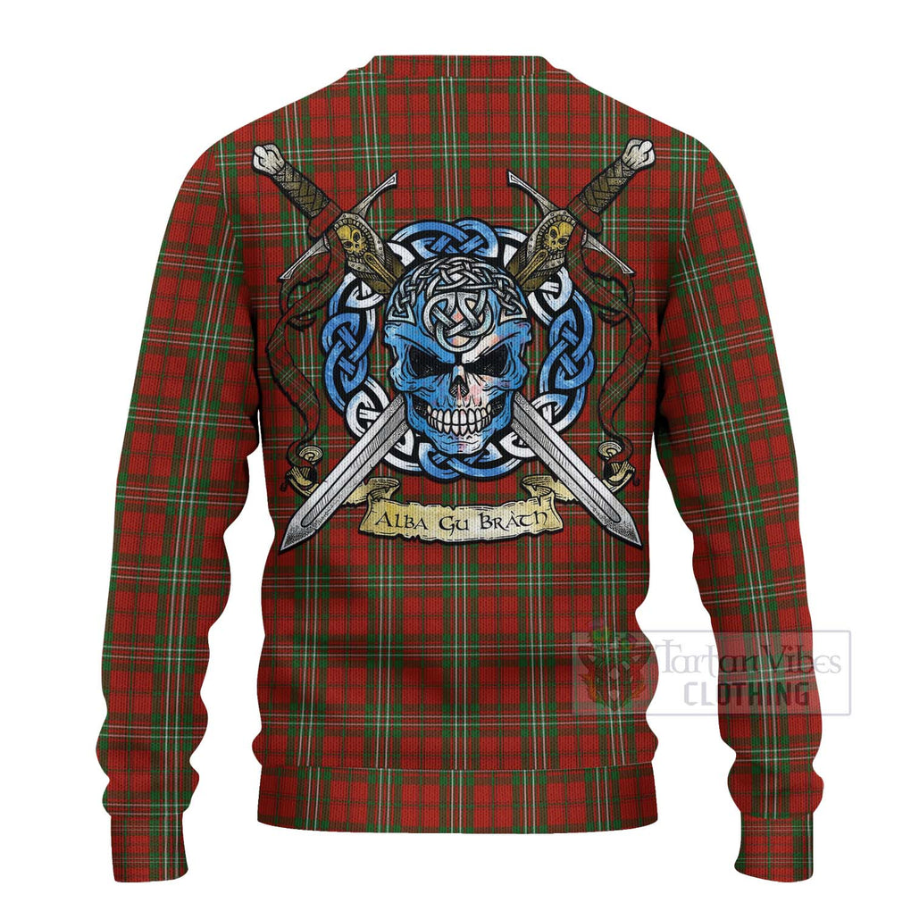 Tartan Vibes Clothing Scott Tartan Knitted Sweater with Family Crest Celtic Skull Style