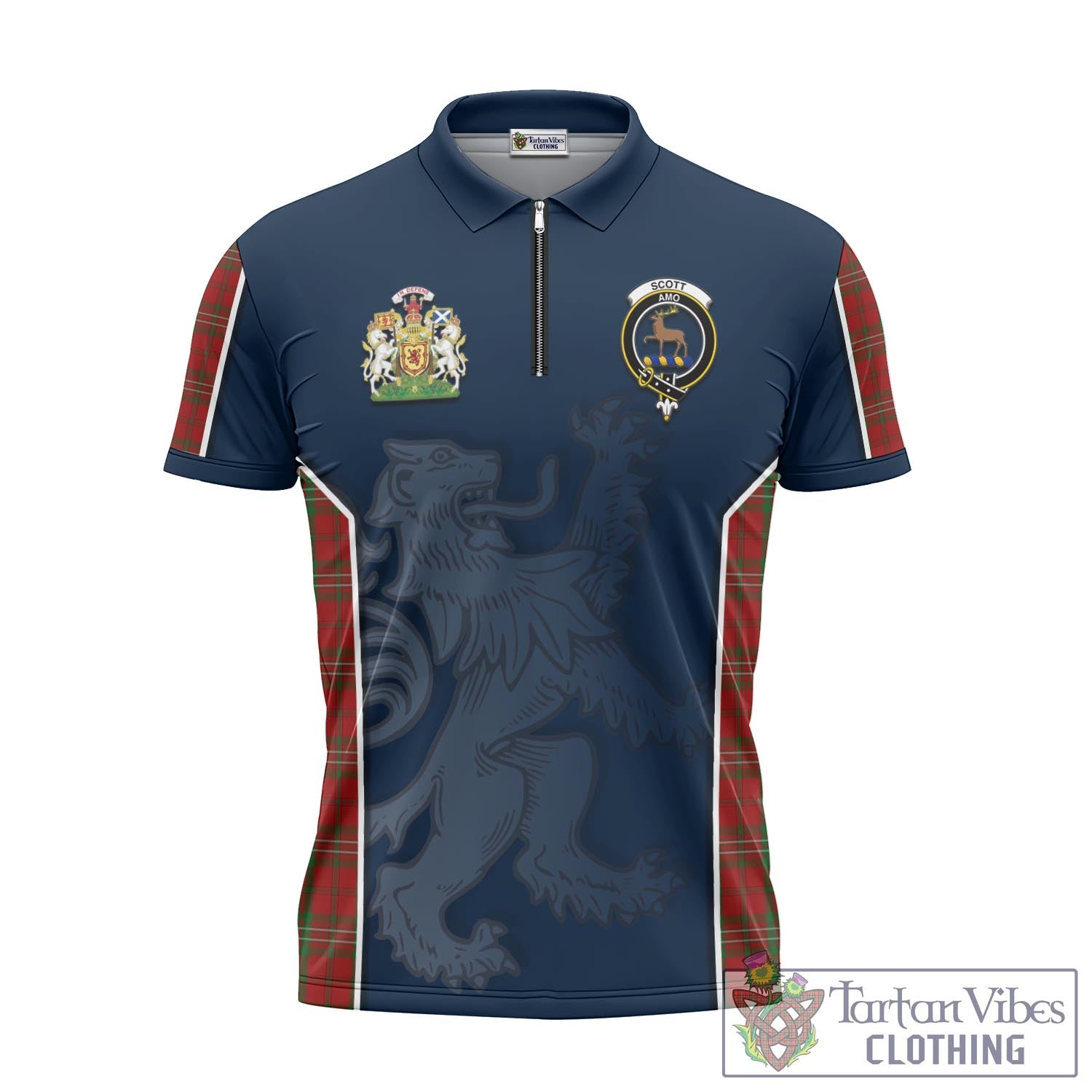 Tartan Vibes Clothing Scott Tartan Zipper Polo Shirt with Family Crest and Lion Rampant Vibes Sport Style